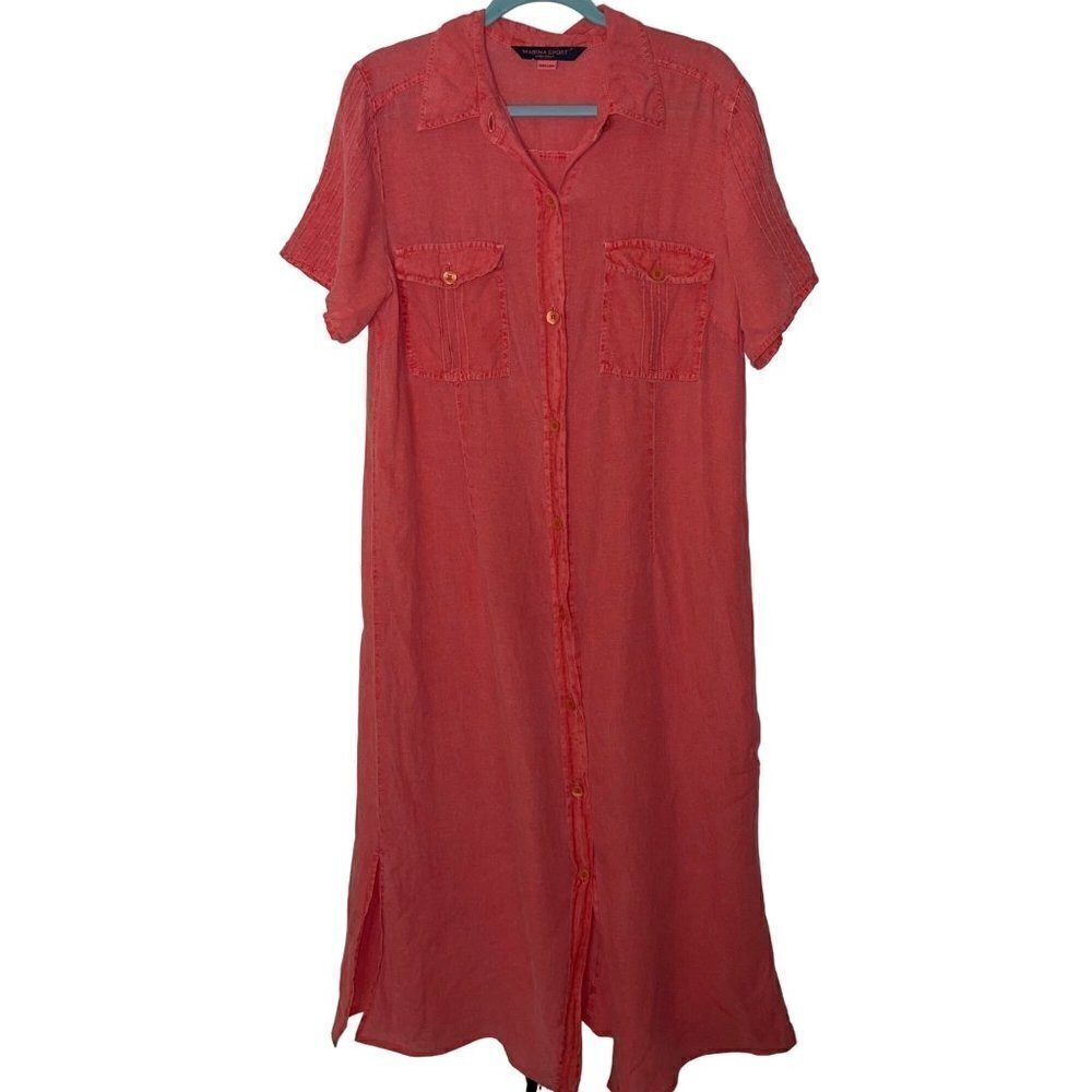 Marina Rinaldi Maxi Shirt Dress Size 12 Coral Linen Washed Button Front Pockets
